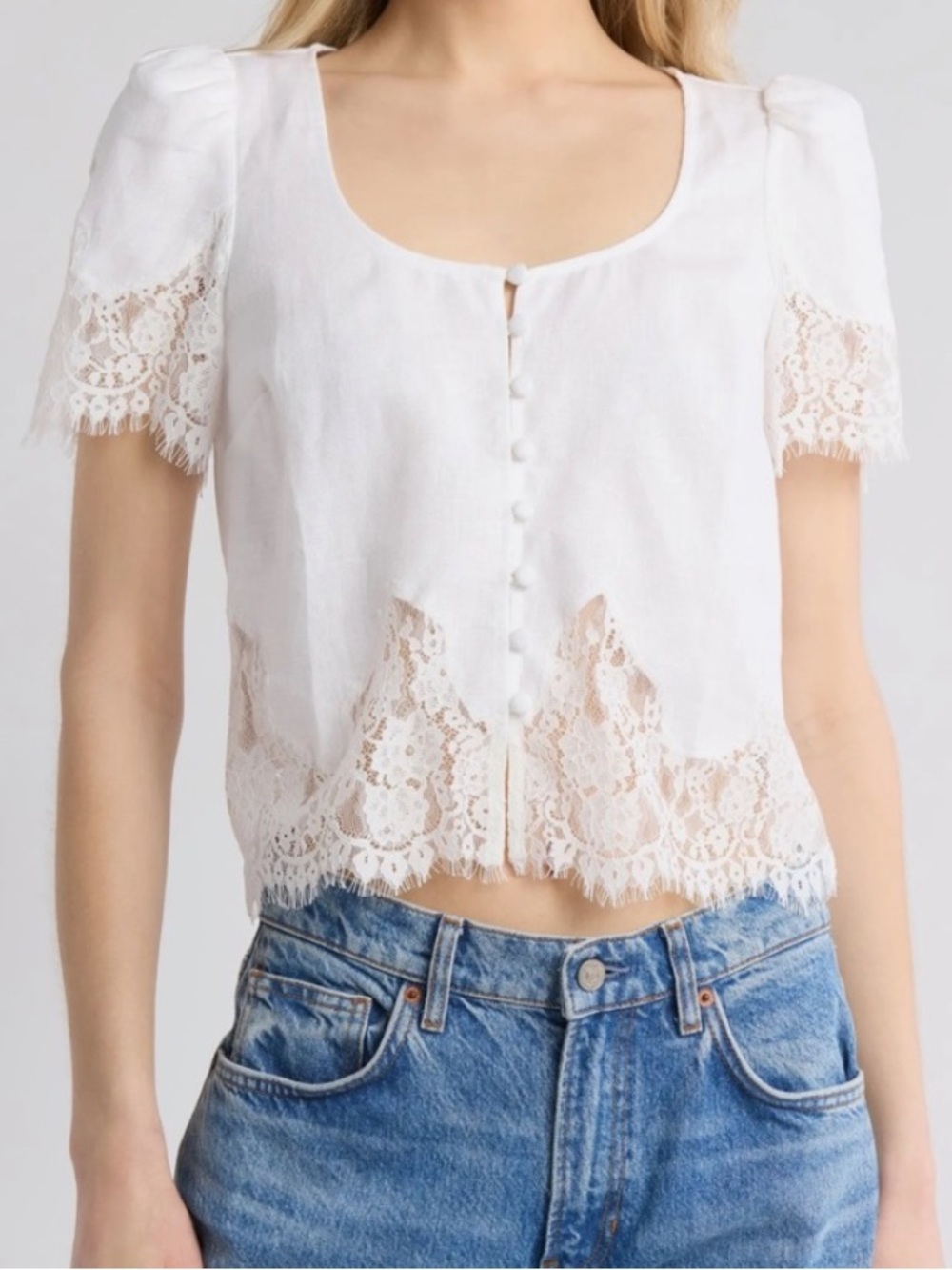 Reformation Josie Lace-Trim Scoop Neck Linen Blend Top - White small S
